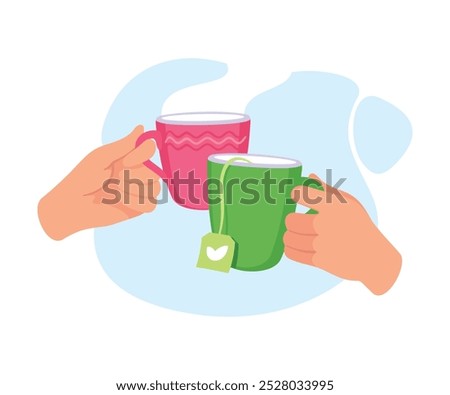 Mug with Tea or Coffee Drink in Hands Clinking Together Vector Illustration