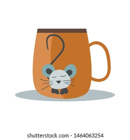 Mug for tea, coffee or hot chocolate with a mouse print. Can be used for postcards, logos, avatars. Vector illustration.