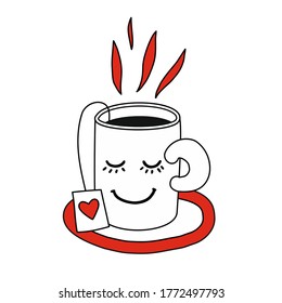 A mug of tea or coffee with a smile and a heart.