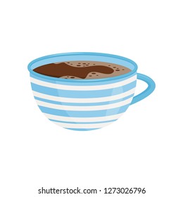 Mug of tea or coffee. Tasty beverage. Delicious hot dink. Bright blue ceramic cup with white stripes. Flat vector icon