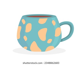 Mug for tea concept. Cup for hot drinks and coffee. Blue kitchen dishware and utensil. Poster or banner for website. Cartoon flat vector illustration isolated on white background