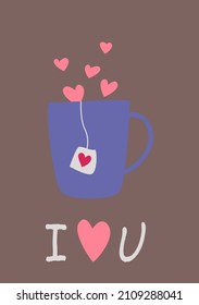 A mug of tea and a confession of feelings. Vector image in boho style. valentine's day. A greeting card with a declaration of love.