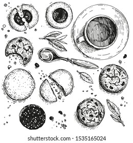 Mug of tea with cookies, top view. Hand drawn sketches, engraved style. Shortbread with jam, chocolate, raisins. Jam thumbprint cookies