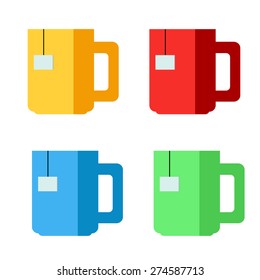 Mug of tea in different colors, icon, silhouette, flat. Vector. Set. Element for design.