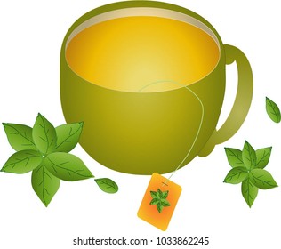 A mug of tea with a disposable package and mint leaves on a white background