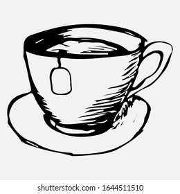 A mug of tea drawn by hand with a pencil. A mug of tea painted with a black pen on a white background. Vector eps illustration.