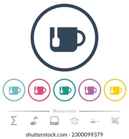 Mug of tea flat color icons in round outlines. 6 bonus icons included.