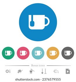 Mug of tea flat white icons on round color backgrounds. 6 bonus icons included.