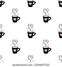Mug of tea with heart shaped water vapor. Cozy seamless pattern for coffee shop. Romantic Teacup illustration. Cartoon illustration, flat design. Love concept. Texture with cup of hot drink.