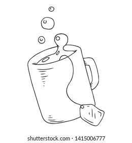 Mug with tea icon. Vector illustration of a mug with a tea bag. Hand drawn mug with splashes.