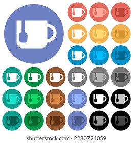 Mug of tea multi colored flat icons on round backgrounds. Included white, light and dark icon variations for hover and active status effects, and bonus shades.