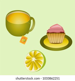 A mug of tea with a one-time package and a cupcake on a plate