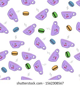 Mug with tea and pasta seamless pattern.