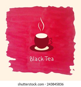 Mug of tea. Red watercolor background. Texture, sign, logo, symbol.