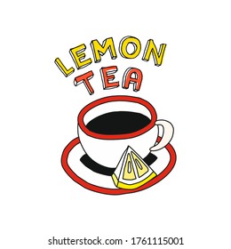 A mug of tea with a saucer and a slice of lemon.