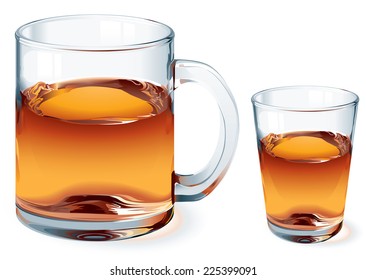 Mug of tea and shot of whiskey isolzted on white. One global color for glass and three colors for liquid. Gradients used. No mesh. Eps8. CMYK. Organized by layers.