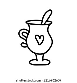 Mug of tea with a spoon in a linear style. Outline kitchen cup doodle. Hand drawn silhouette of kitchenware element. Vector ceramic mug isolated on white. Home accessory