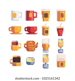 Mug of tea whith teapot and paper cup for coffee and a glass for juice or alcoholic beverages pixel art icons set isolated vector illustration. Element design stickers, logo, mobile app, menu. 8-bit.