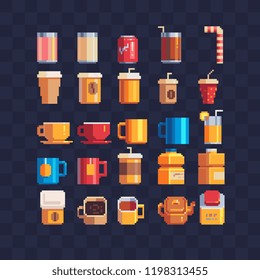 Mug of tea whith teapot and paper cup for coffee. Bottle and a glass for juice or alcoholic beverages. Pixel art icons set isolated vector illustration. Design for stickers, logo, app, menu. 8-bit.