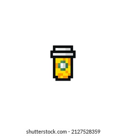 Mug of tea whith teapot and paper cup for coffee and a glass for juice or alcoholic beverages pixel art icons set isolated vector illustration. Element design stickers, logo, mobile app, menu. 8-bit.