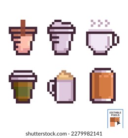 Mug of tea whith teapot and paper cup for coffee and a glass for juice or alcoholic beverages pixel art icons set isolated vector illustration. Element design stickers, logo, mobile app, menu. 8-bit.