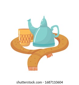 
mug and teapot with a scarf vector illustration