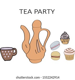 Mug, teapot and sweets on a white background.
