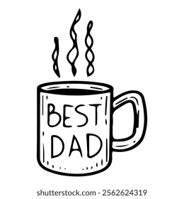 Mug with text best dad hand drawn doodle. Gift for beloved daddy. Father's Day holiday. Cup with hot drink. Ceramic tableware. Celebration. Present, souvenir. Vector line art illustration.