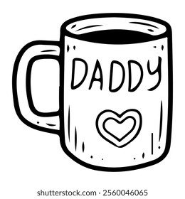 Mug with text Daddy hand drawn doodle. Gift for beloved dad. Father's Day holiday. Cup with drink. Ceramic tableware. Celebration. Present, souvenir. Vector line art illustration.