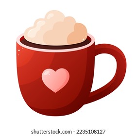 Mug for Valentine's Day. Mug with coffee, cocoa, cream, decorative hearts. Vector illustration.