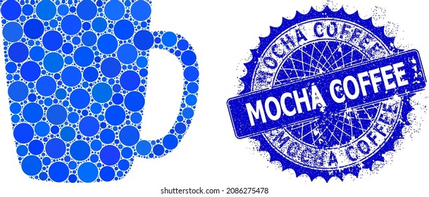 Mug vector composition of dots in different sizes and blue color shades, and textured Mocha Coffee stamp. Blue round sharp rosette stamp includes Mocha Coffee caption inside.