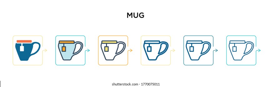 Mug vector icon in 6 different modern styles. Black, two colored mug icons designed in filled, outline, line and stroke style. Vector illustration can be used for web, mobile, ui