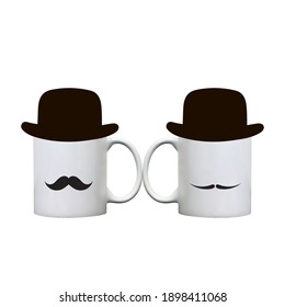 Mug vector mockup. Decor elements such as hats and moustache. 