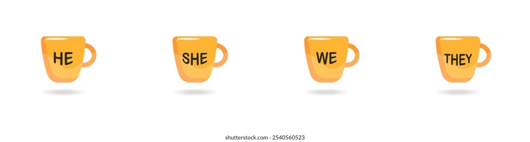 Mug vector set. Mugs with inscriptions he she they we. Gift mugs for the family. Festive mugs. A set of stylish circle forms. Vector illustration.