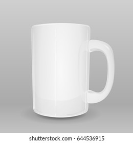 Mug vector template, mockup of white realistic ceramic cup on abstract grey background with transparent shadow and reflections. Simple, light-weight, ready for recolor.