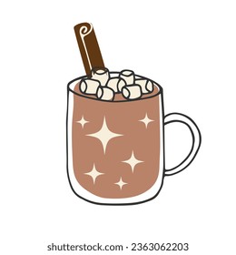 Mug of warm cocoa, hot chocolate with cinnamon and marshmallows isolated on white. Doodle cozy seasonal illustration. Design element for cards, invitations, cafe menu