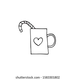 mug with warm drink and candy cane in a hand drawn doodle style