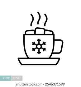 Mug with a warm drink, marshmallows and snowflake vector icon. Winter sign. Graph symbol for event and holiday web site and apps design, logo, app, UI