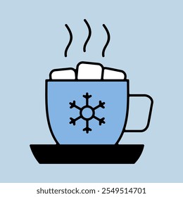 Mug with a warm drink, marshmallows and snowflake vector icon. Winter sign. Graph symbol for event and holiday web site and apps design, logo, app, UI