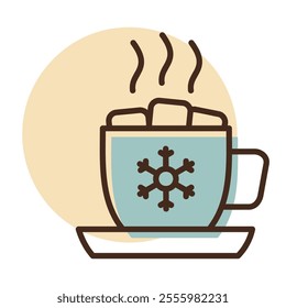 Mug with a warm drink, marshmallows and snowflake vector icon. Winter sign. Graph symbol for event and holiday web site and apps design, logo, app, UI