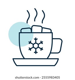 Mug with a warm drink, marshmallows and snowflake vector icon. Winter sign. Graph symbol for event and holiday web site and apps design, logo, app, UI