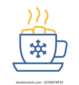 Mug with a warm drink, marshmallows and snowflake vector icon. Winter sign. Graph symbol for event and holiday web site and apps design, logo, app, UI