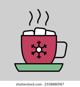 Mug with a warm drink, marshmallows and snowflake vector icon. Winter sign. Graph symbol for event and holiday web site and apps design, logo, app, UI