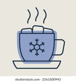 Mug with a warm drink, marshmallows and snowflake vector icon. Winter sign. Graph symbol for event and holiday web site and apps design, logo, app, UI