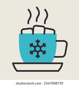 Mug with a warm drink, marshmallows and snowflake vector icon. Winter sign. Graph symbol for event and holiday web site and apps design, logo, app, UI