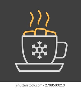 Taza con una bebida caliente, malvaviscos y Vector de copo de nieve sobre fondo oscuro. Signo de invierno. Símbolo de gráfico para el Sitio web del acontecimiento y de la fiesta y diseño de los App, logotipo, App, UI