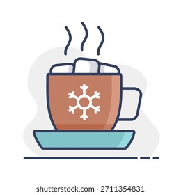 Taza con una bebida caliente, malvaviscos y copo de nieve icono de Vector. Signo de invierno. Símbolo de gráfico para el Sitio web del acontecimiento y de la fiesta y diseño de los App, logotipo, App, UI