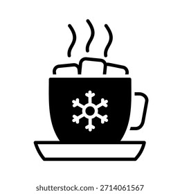 Taza con una bebida caliente, malvaviscos y Vector de copo de nieve icono sólido. Signo de invierno. Símbolo de gráfico para el Sitio web del acontecimiento y de la fiesta y diseño de los App, logotipo, App, UI