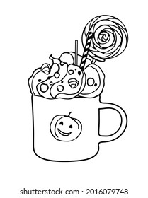 A mug with whipped cream, sweets. Element for autumn decorative design, halloween. Vector on a white background. 