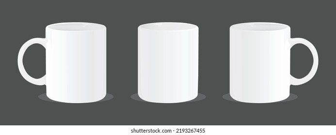 Mug White plain vector illustration, sublimation white mug, ceramic mug design vector, Normal Mug white mockup design, cup left, right and center design for mockup design, isolated in grey background